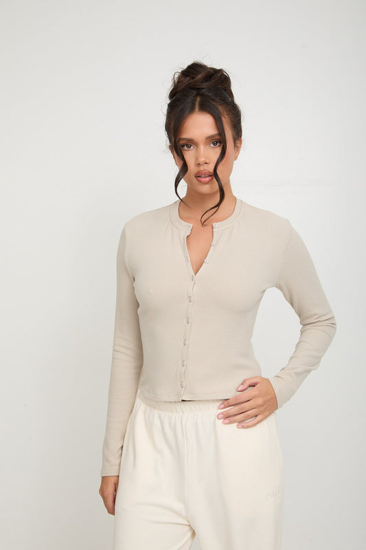 Cosy Brushed Ribbed Button Top - Oat