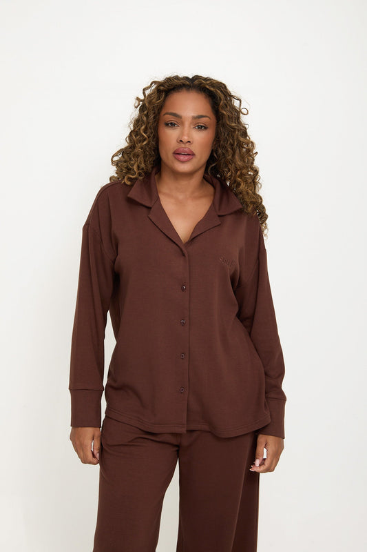 Cosy Brushed Thermal Pyjama Shirt - Walnut