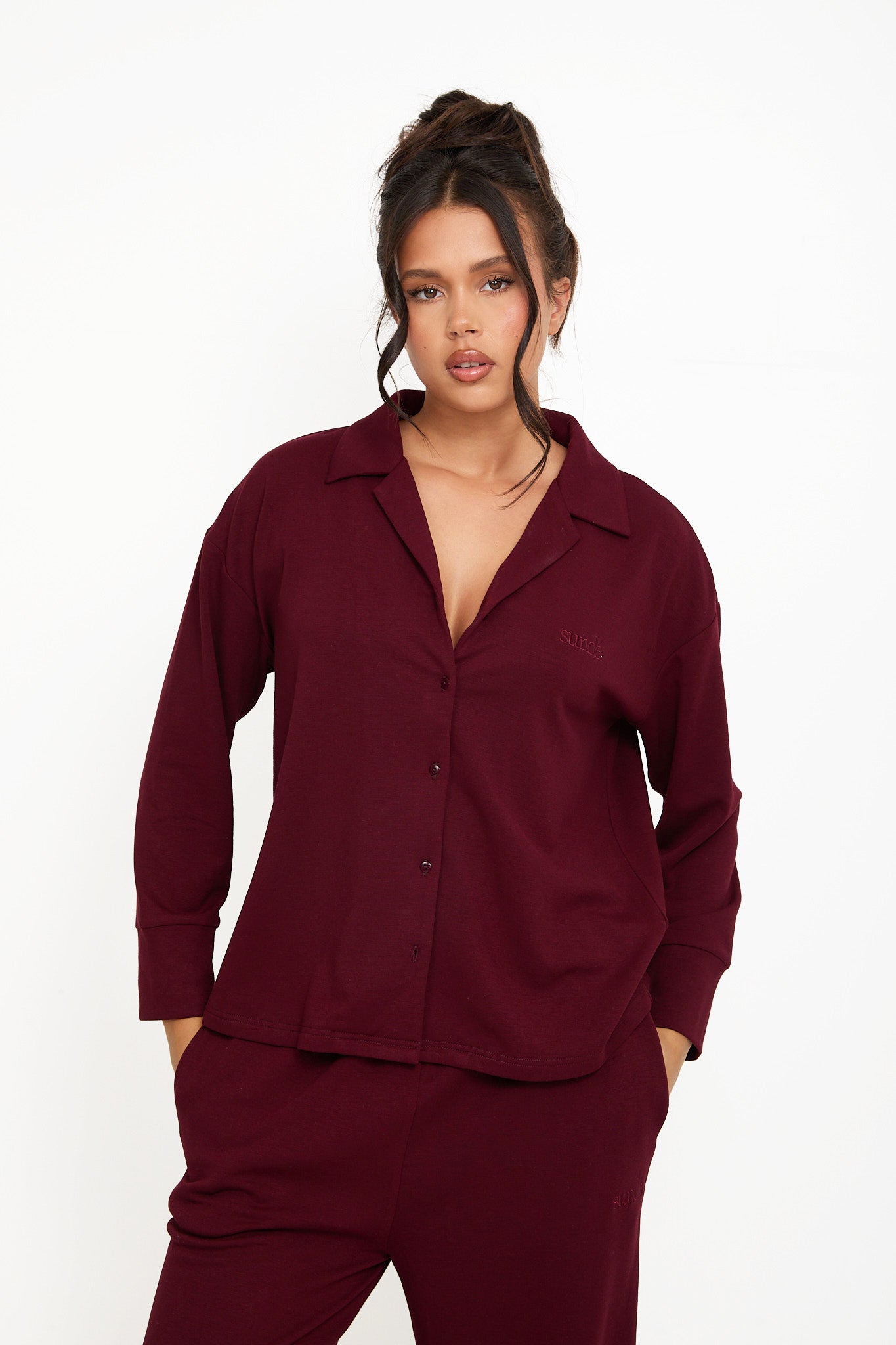 Cosy Brushed Thermal Pyjama Shirt - Cherry