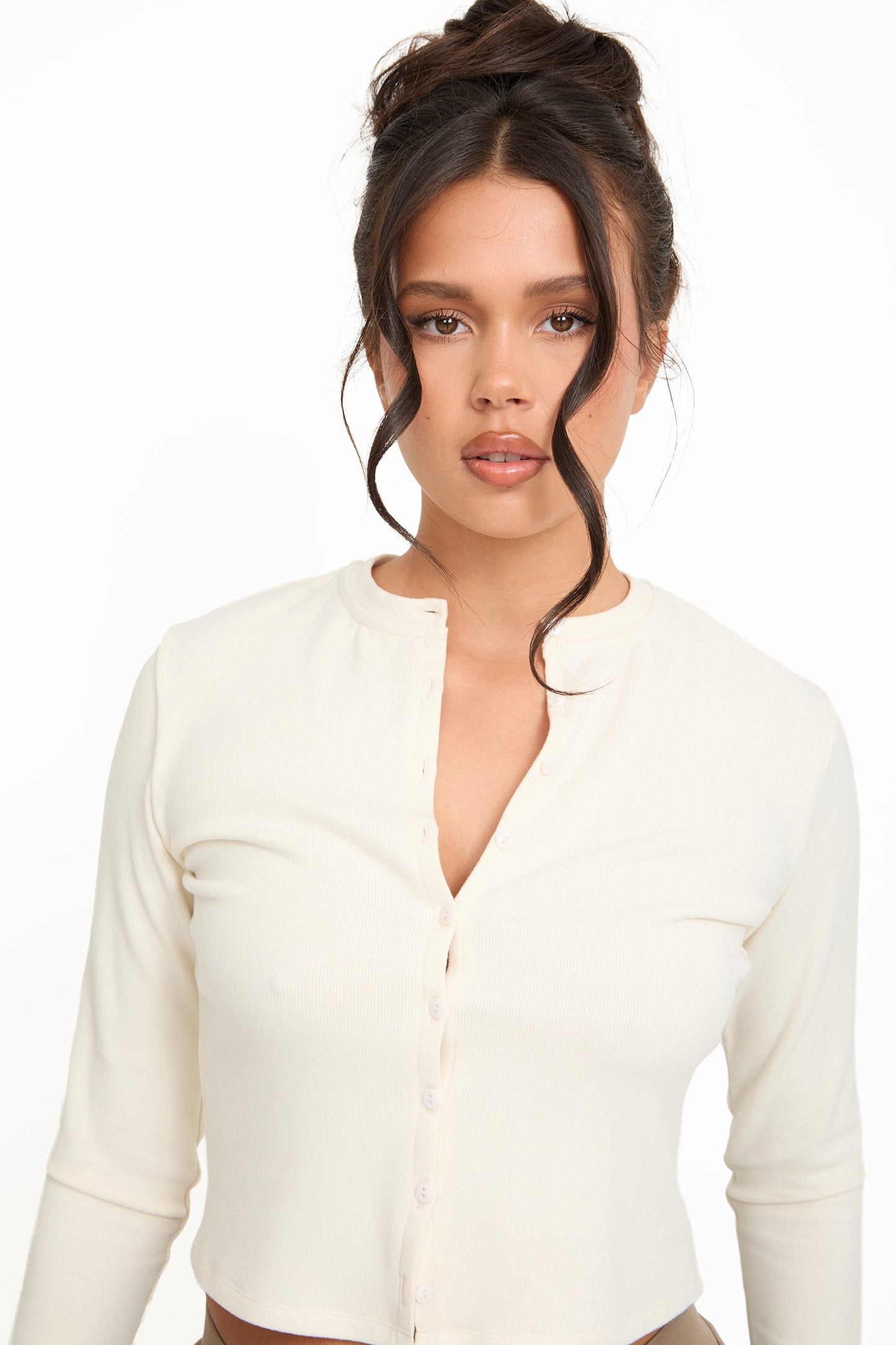 Cosy Brushed Ribbed Button Top - Cream