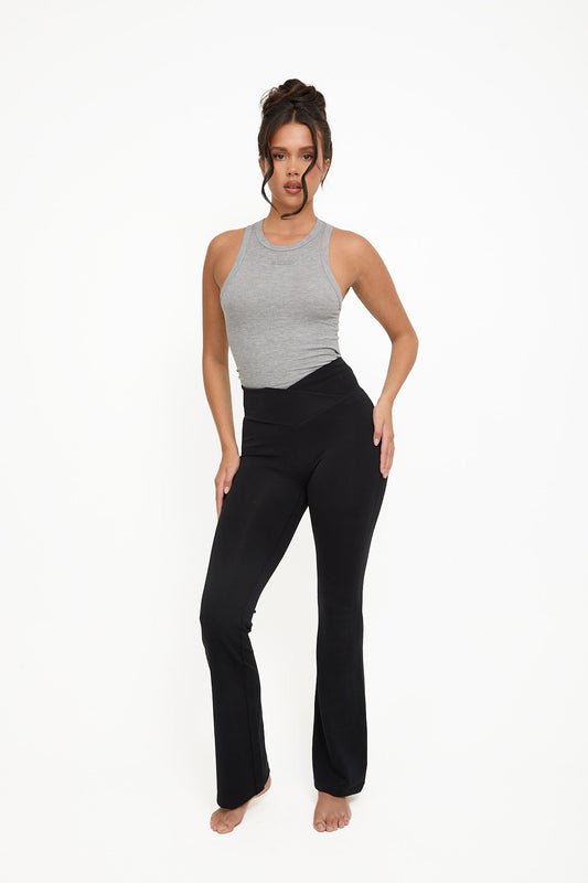 Velour Touch Wrap High-Waisted Flare Leggings - Washed Black