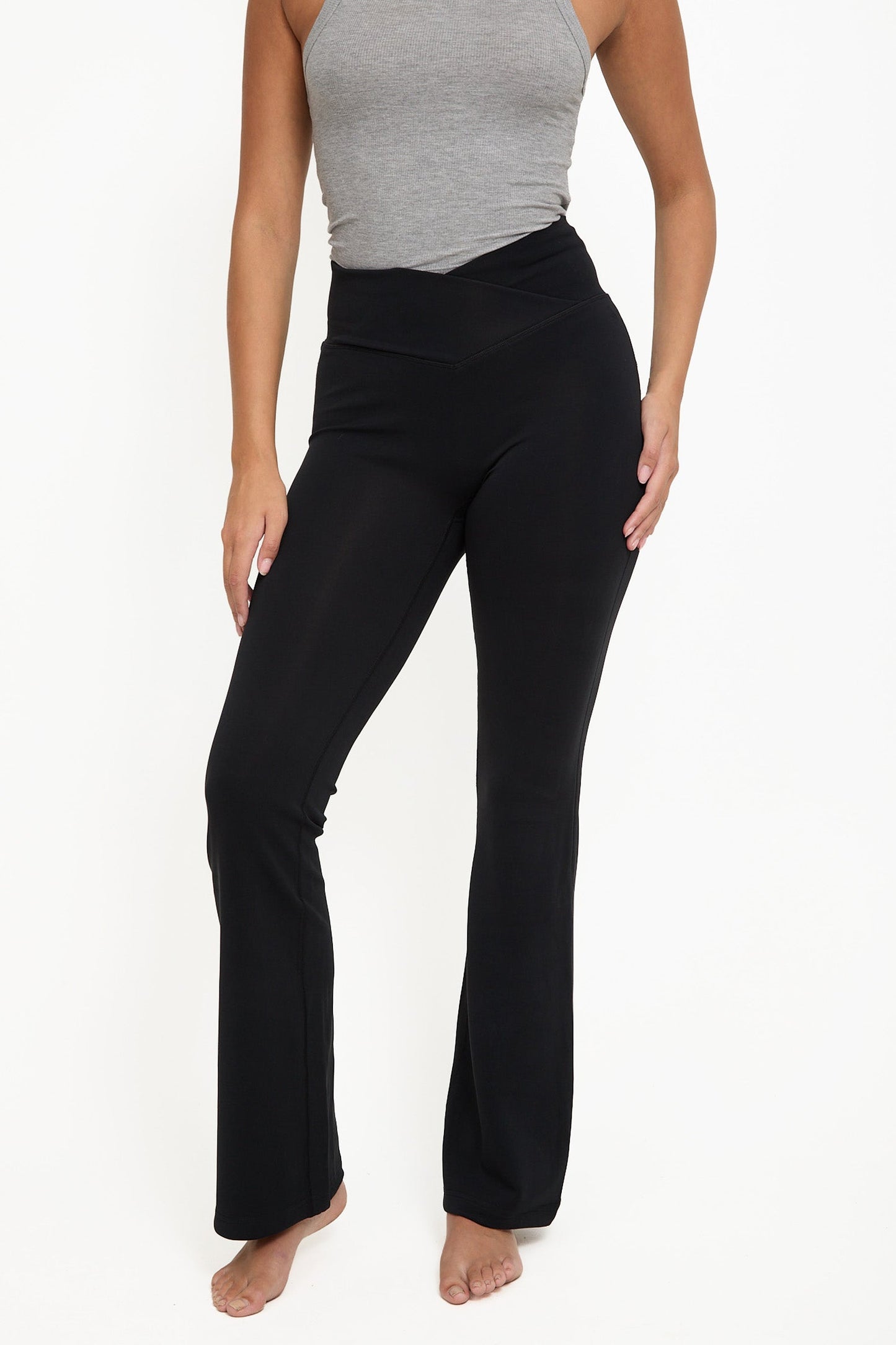 Velour Touch Wrap High-Waisted Flare Leggings - Washed Black