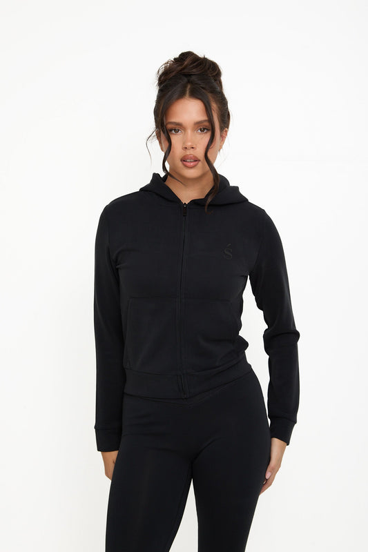 Velour Touch Velour Zip-Through Hoodie - Washed Black - Sunde